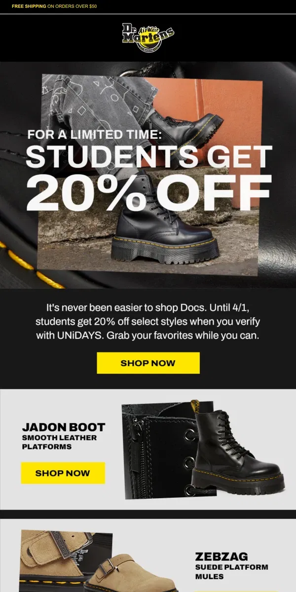 Email from Dr. Martens. Students get 20% off with UNiDAYS