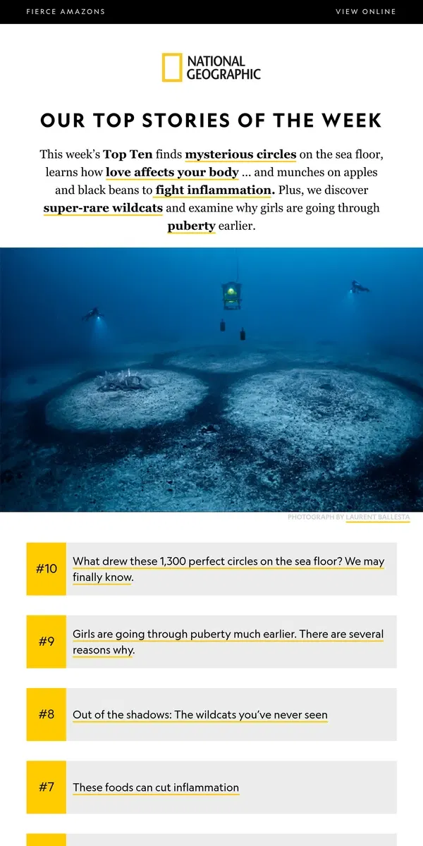 Email from National Geographic. TOP TEN: Strange sea circles; earlier puberty; a mysterious humanoid species; love and health; cutting inflammation