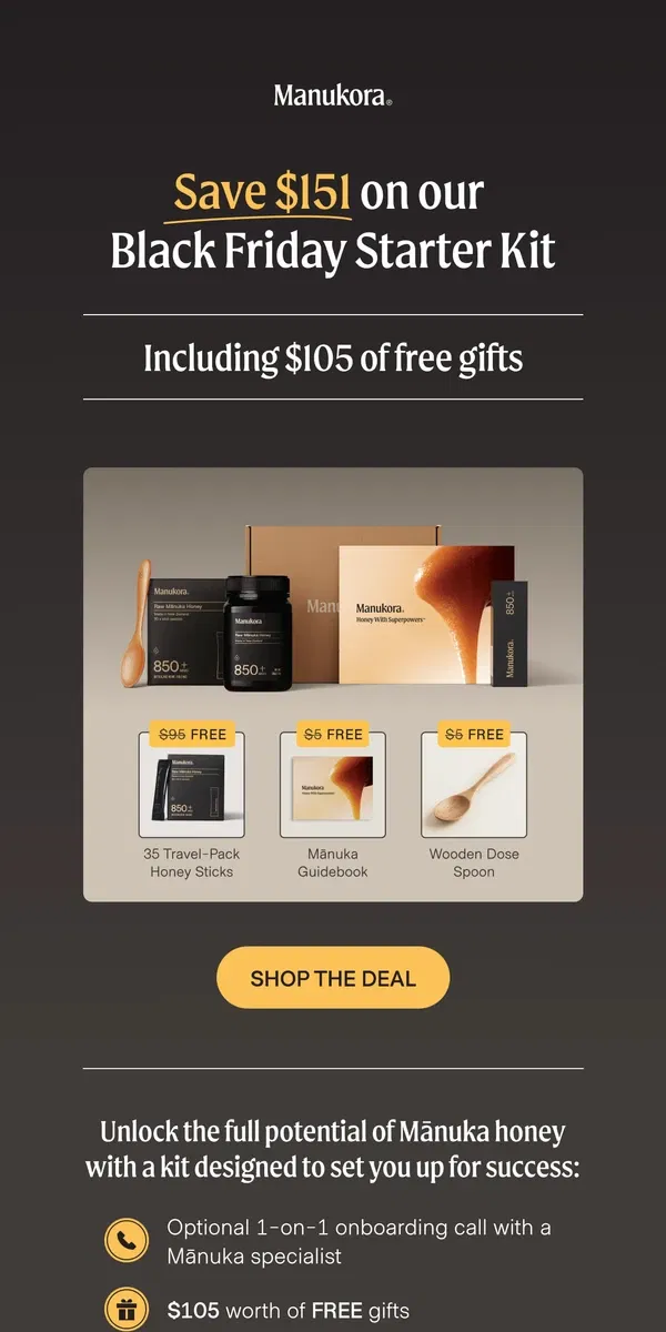 Email from Manukora. 31% savings + free gifts