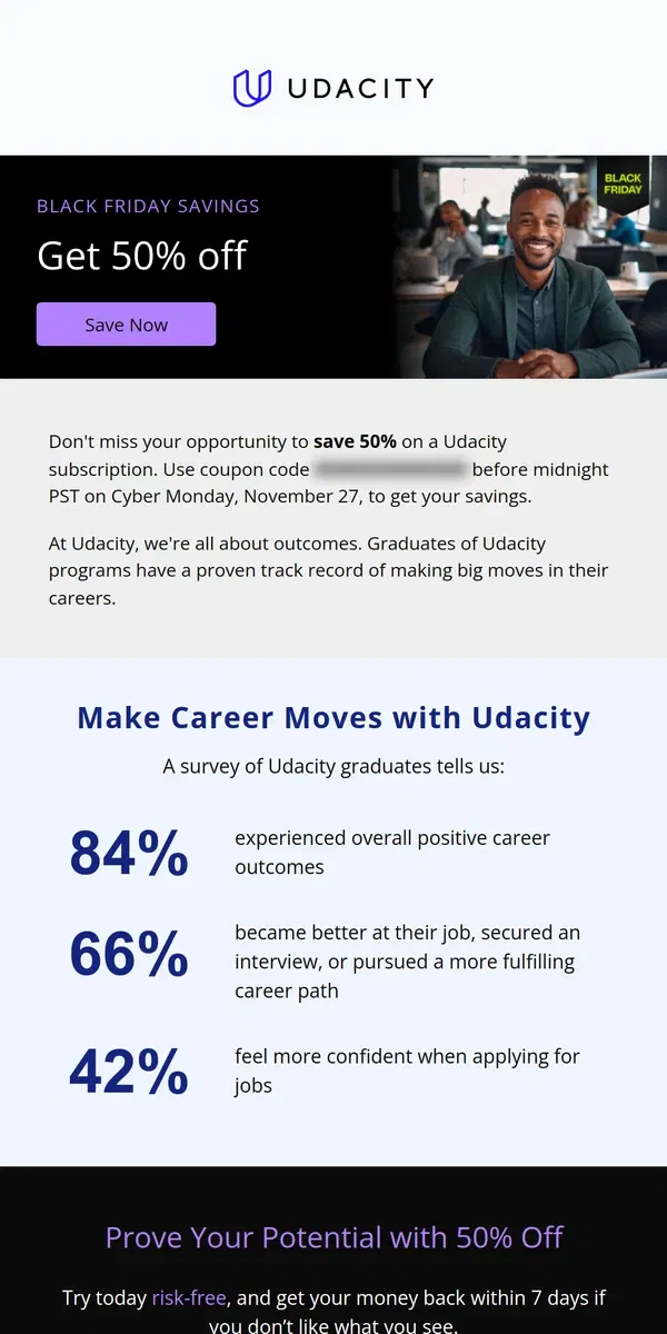 Email from Udacity. Make career moves this Cyber Monday