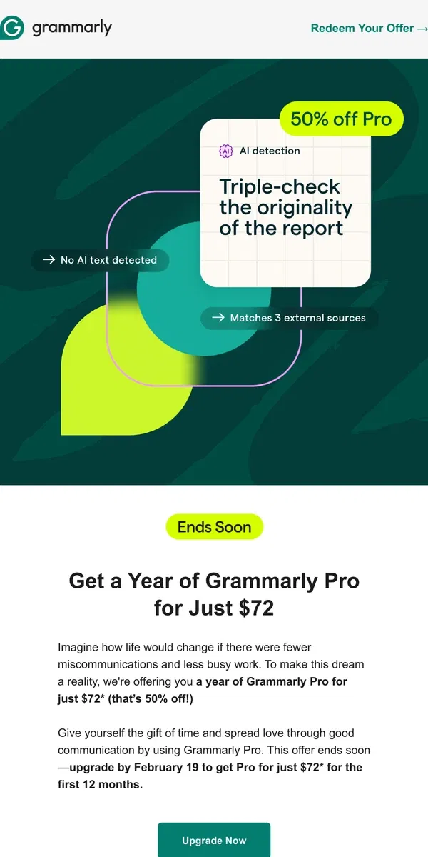 Email from Grammarly. 🔔 Don’t miss out—Pro for just $72