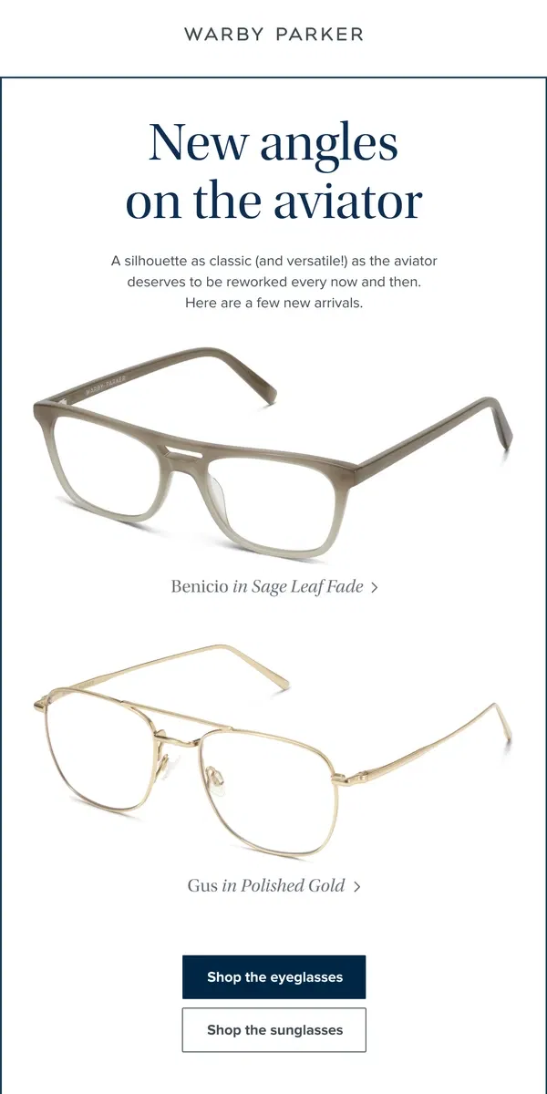 Email from Warby Parker. New aviators just landed