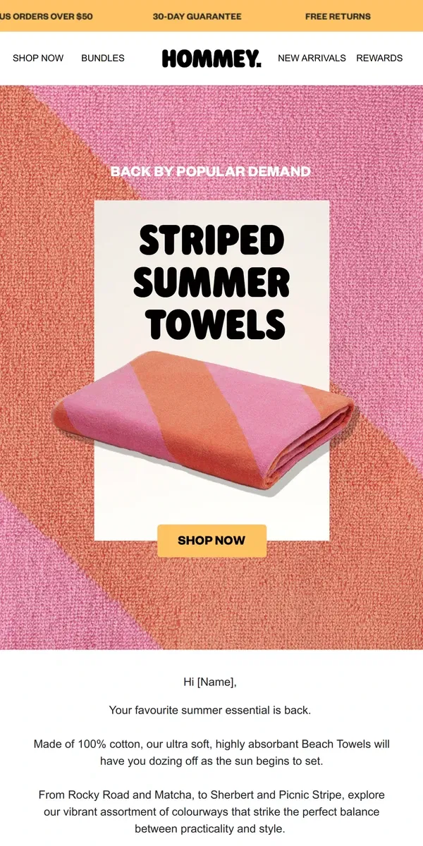 Email from Hommey. Restock Alert: Beach Towels ☀️