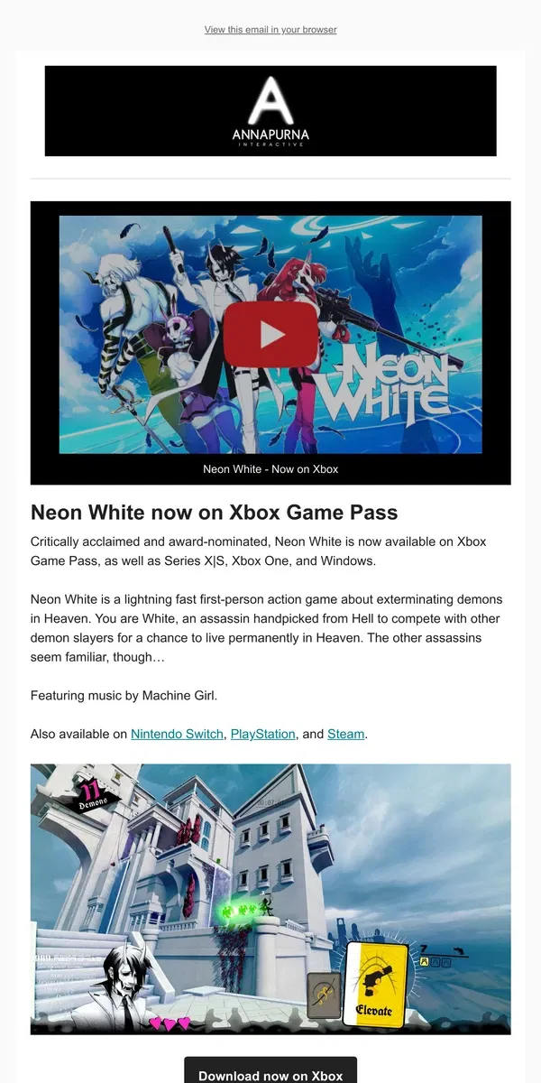 Email from Annapurna Interactive. Neon White now on Xbox Game Pass 👹