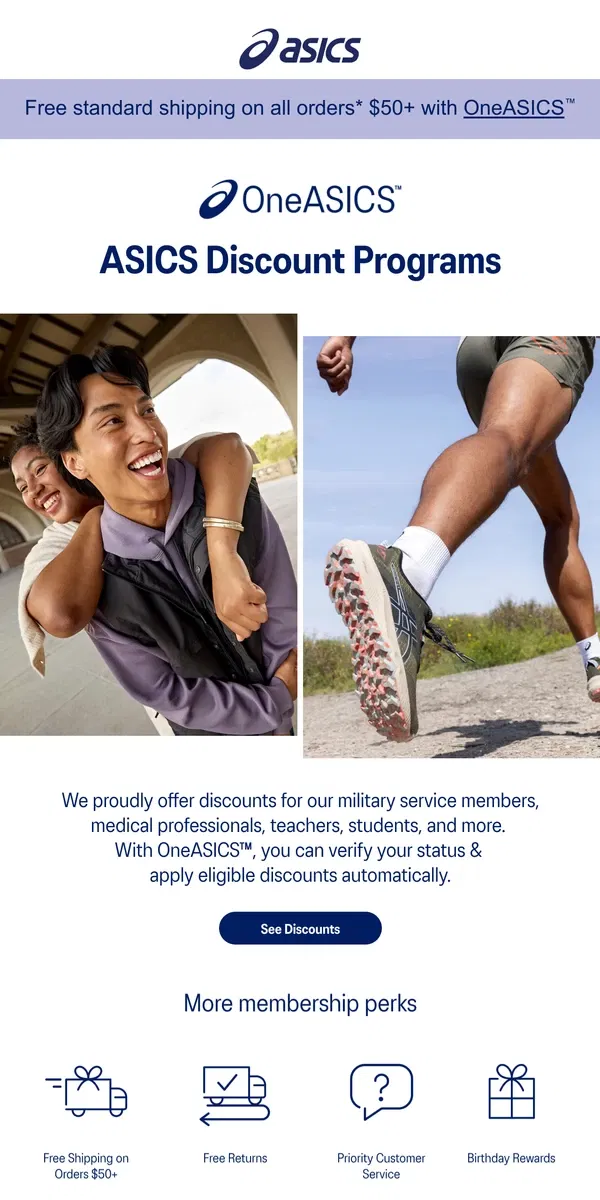 Email from ASICS. NEW: unlock discounts with OneASICS™