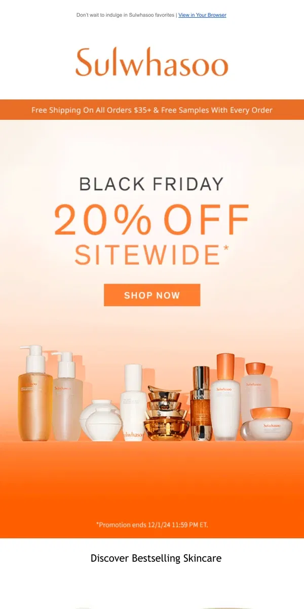 Email from Sulwhasoo. Black Friday is Here: 20% Off Sitewide