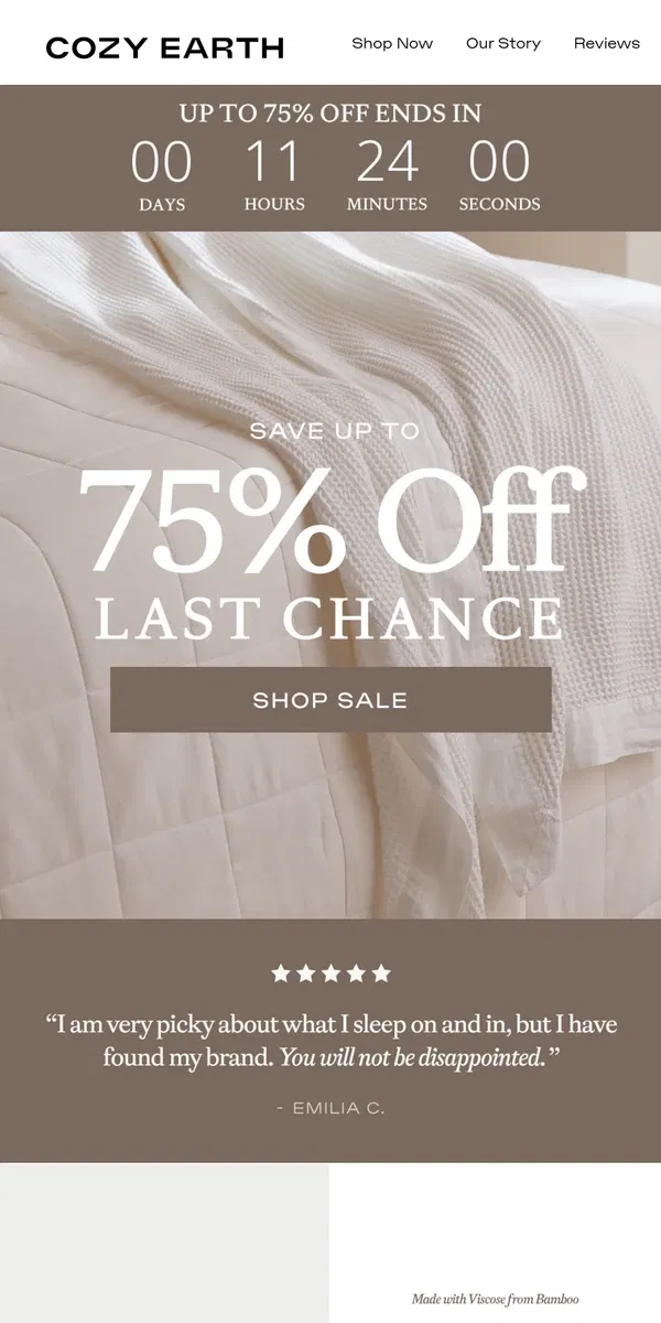 Email from Cozy Earth. ENDS TONIGHT | Up to 75% off ⏳