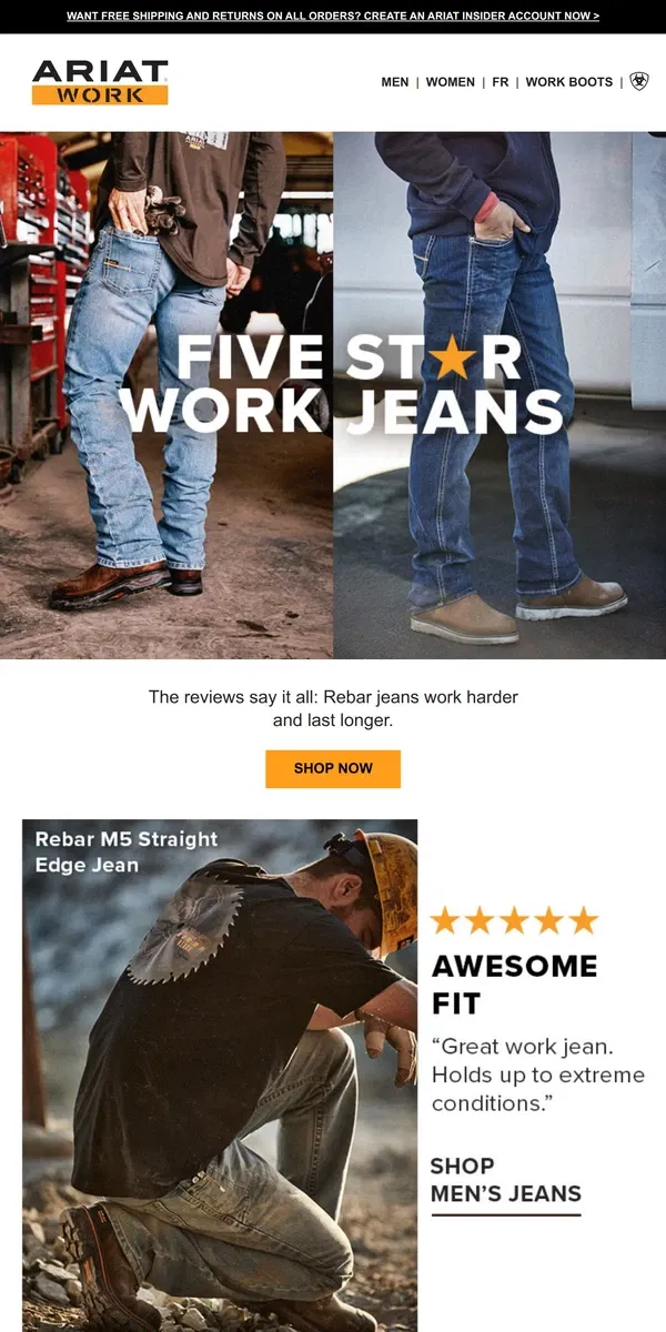 Email from Ariat. Rebar Work Jeans: "Awesome Fit" "My New Favorite"