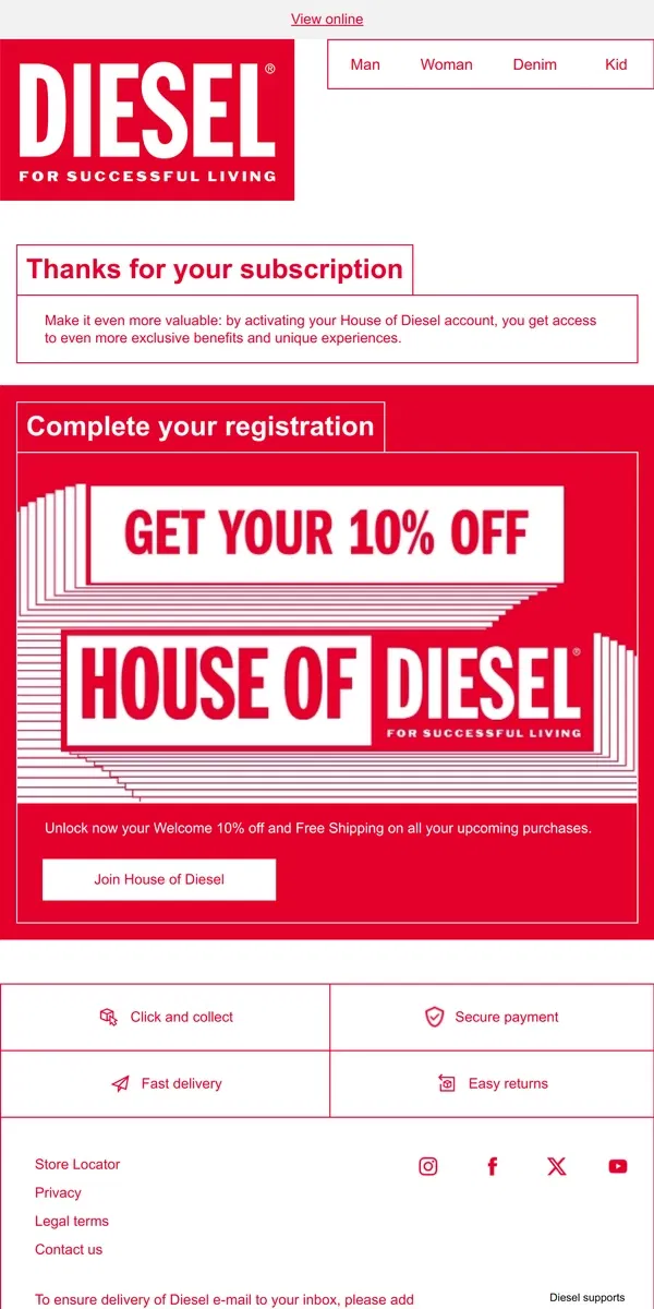 Email from Diesel. Get Your Welcome Promo