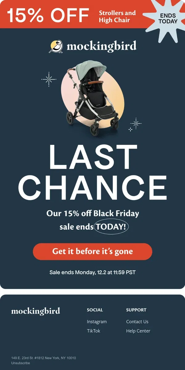 Email from Mockingbird. Last Chance for 15% OFF!