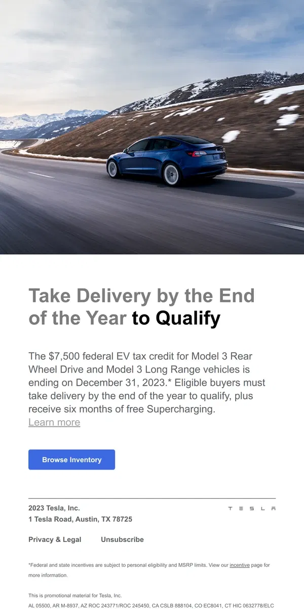 Email from Tesla. Model 3 Federal Tax Credit Expiring