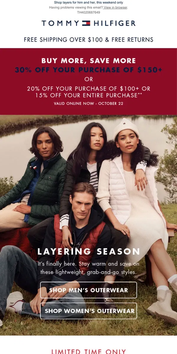 Email from Tommy Hilfiger. Lightweight puffers at $79.99? It's on, for a limited time!