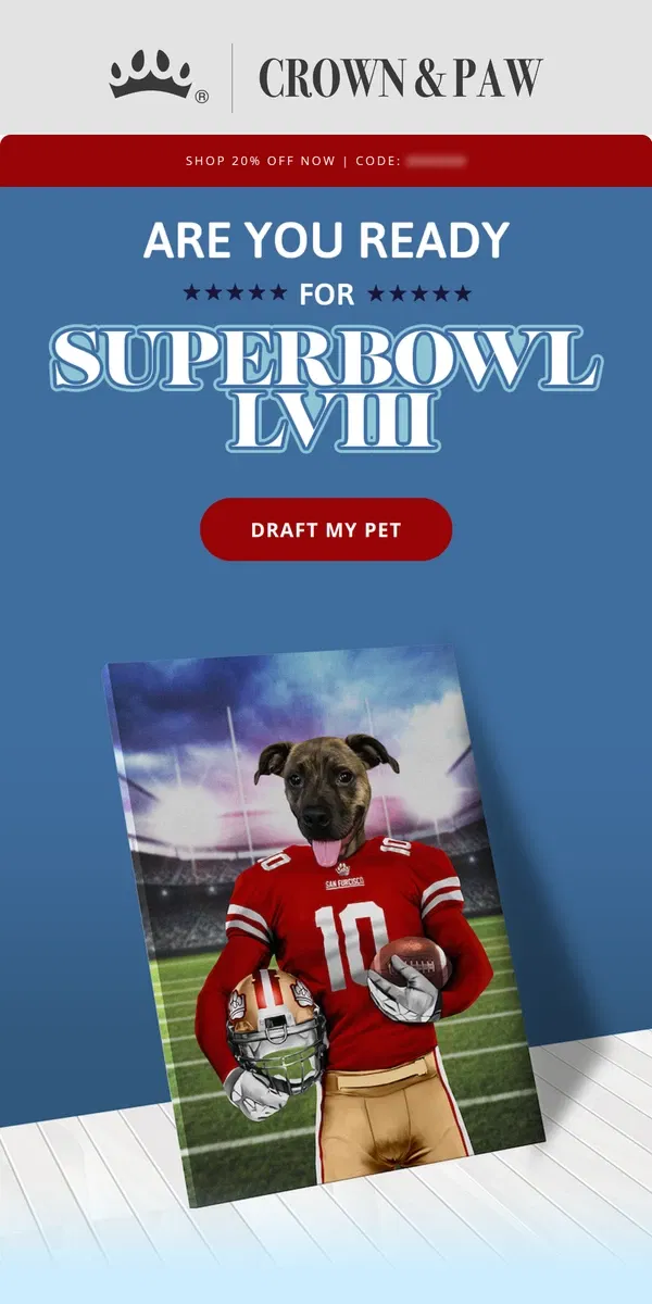 Email from Crown & Paw. Ready for Superbowl LVIII later? 🏈