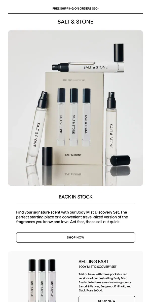 Email from SALT & STONE. Back in Stock → Body Mist Discovery Set