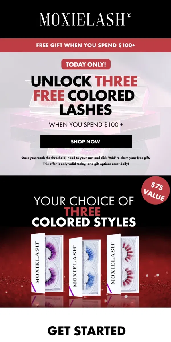 Email from MoxieLash. Unlock 3 FREE Colored Lashes Today Only! 🎁