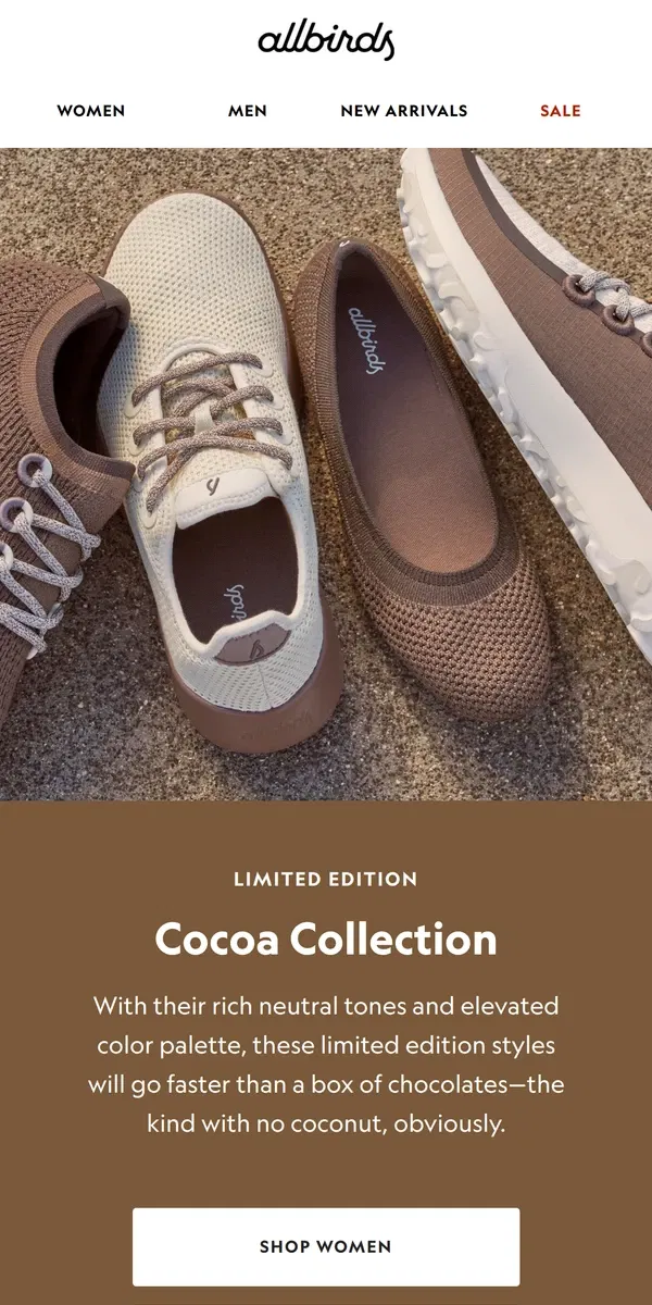 Email from Allbirds. Limited Edition Cocoa Collection