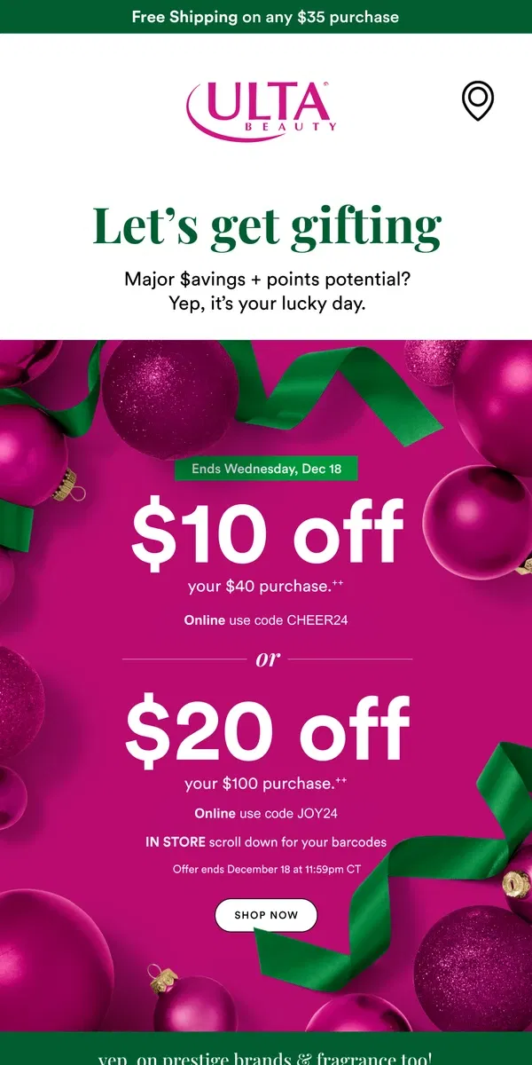 Email from Ulta Beauty. Instant joy 🤗 Up to $20 OFF