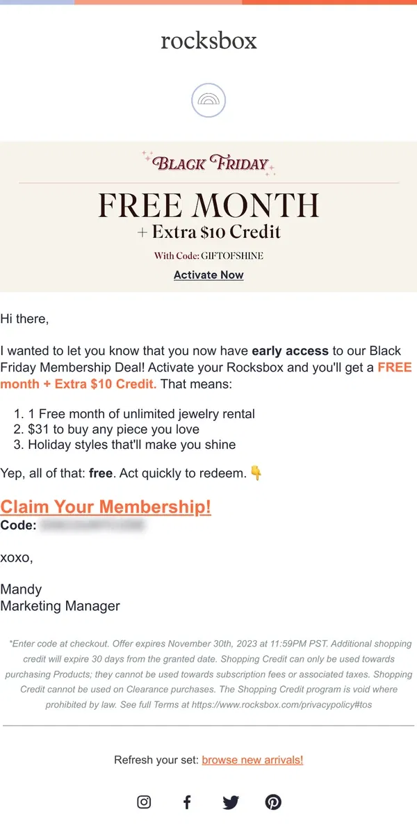 Email from Rocksbox. EARLY ACCESS