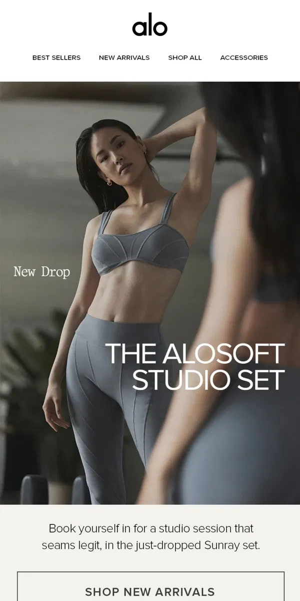 Email from Alo Yoga. New drop: The Alosoft Studio set