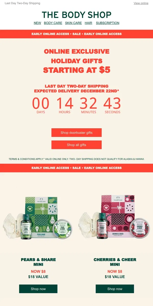 Email from The Body Shop. HOLIDAY GIFTS STARTING AT $5