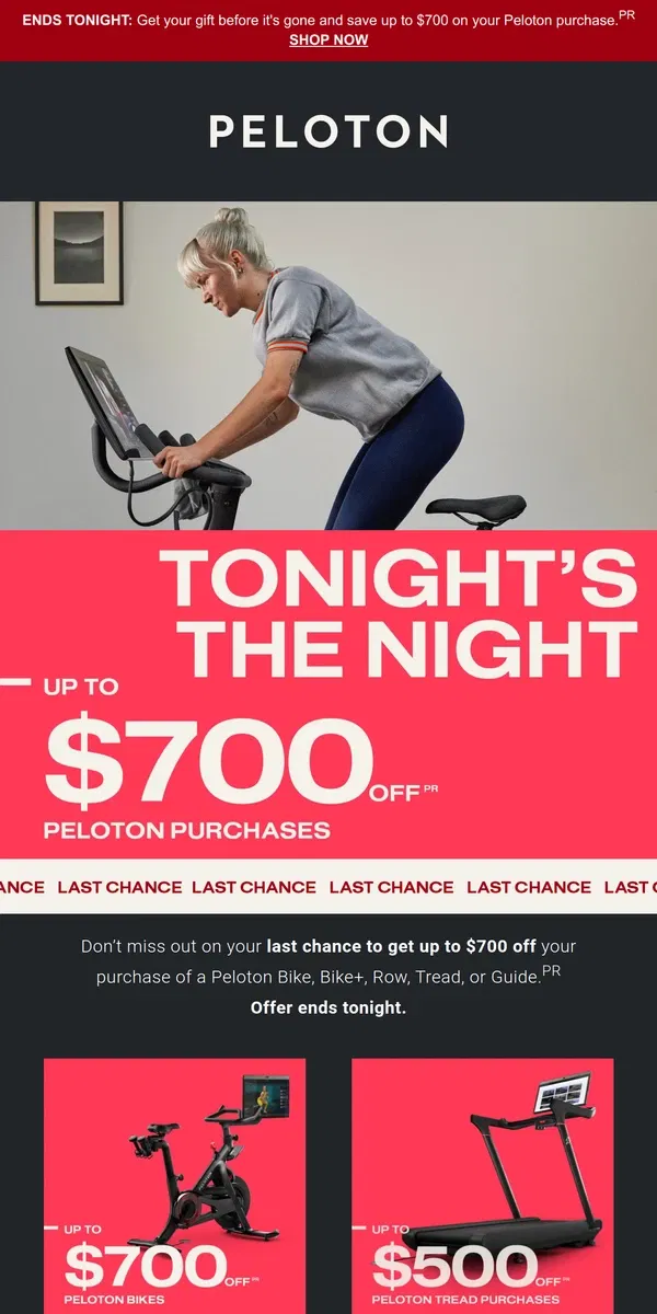 Email from Peloton. Final hours: Save up to $700