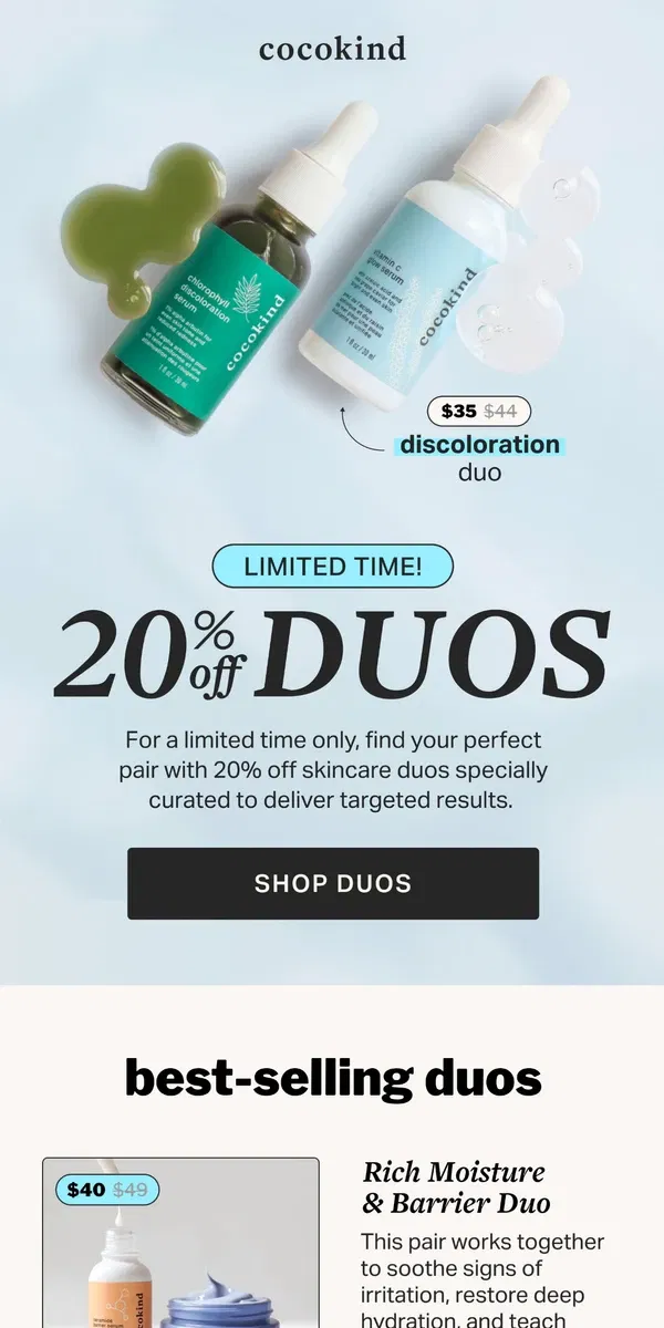 Email from cocokind. 20% off skincare duos 👯