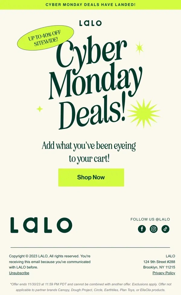 Email from Lalo. Cyber Monday deals have landed!