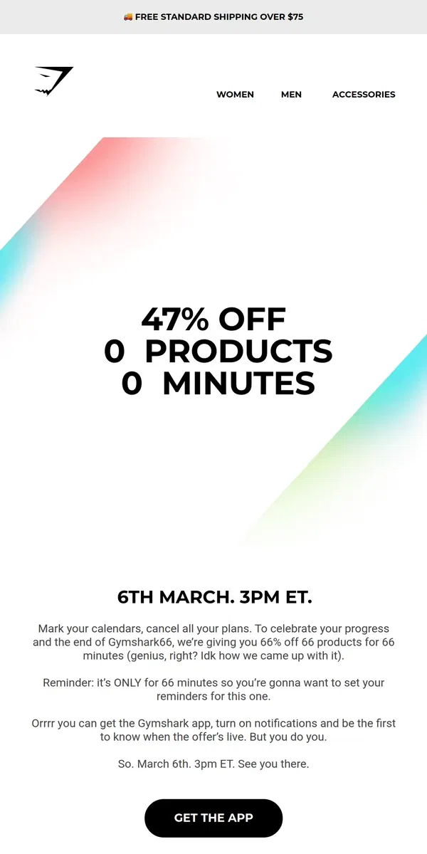 Email from Gymshark. 66% off 66 products for 66 mins 🙌🔥