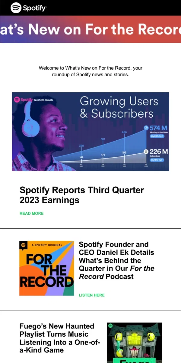 Email from Spotify. Spotify Reports Third Quarter 2023 Earnings