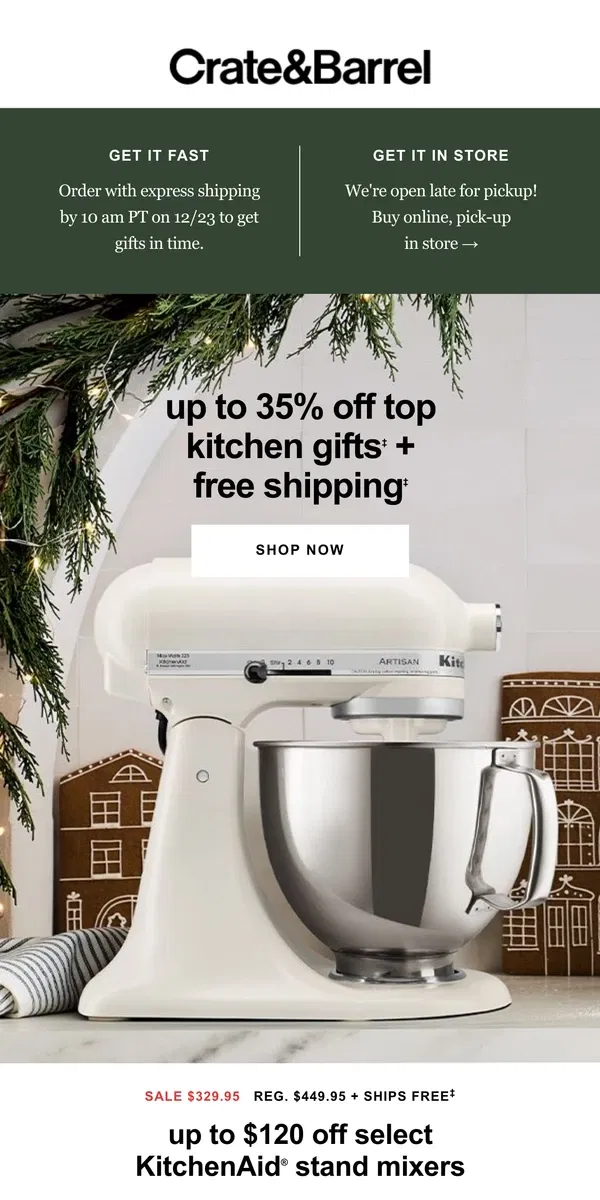 Email from Crate & Barrel. Inside: Amazing deals on kitchen gifts they’ll love 🎁