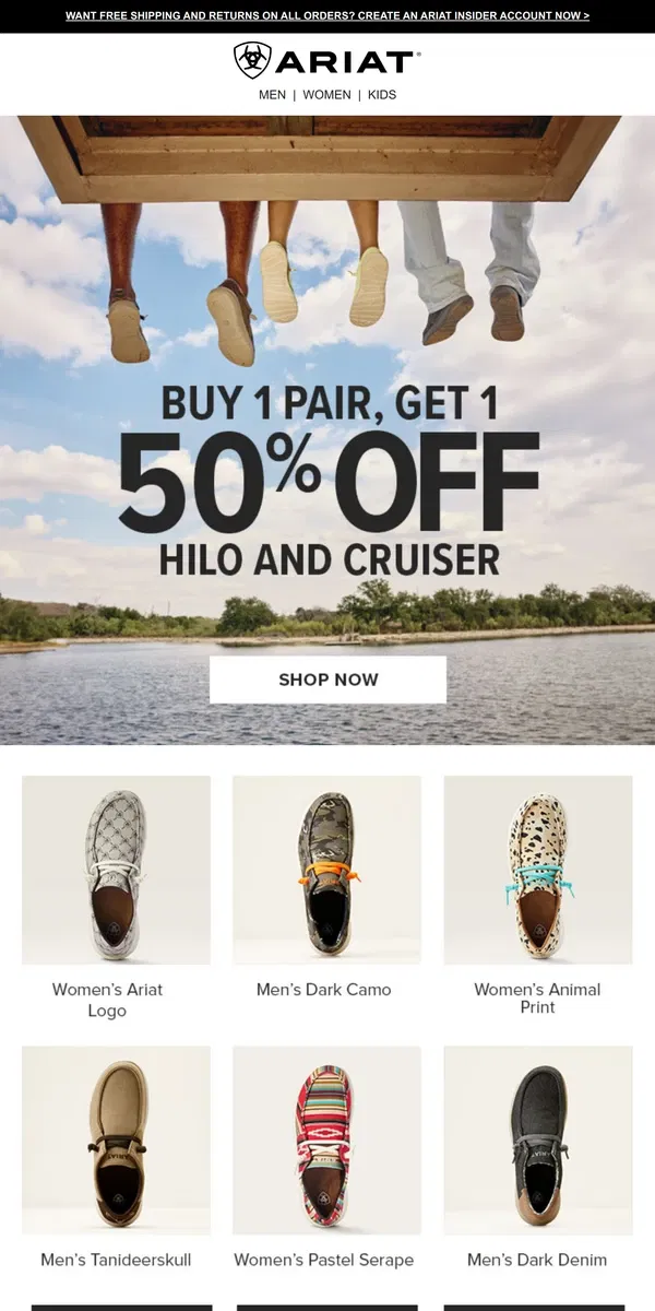 Email from Ariat. BOGO 50% Off Hilo Shoes & Cruisers