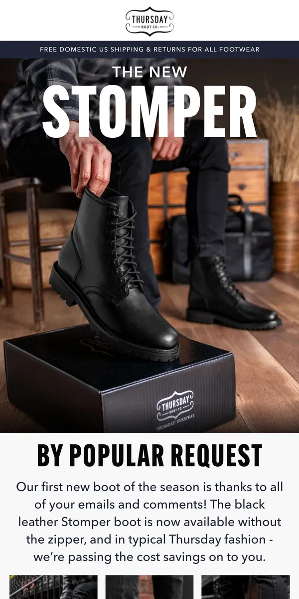 Email from Thursday Boot Company. Our New Stomper & Factory Update!