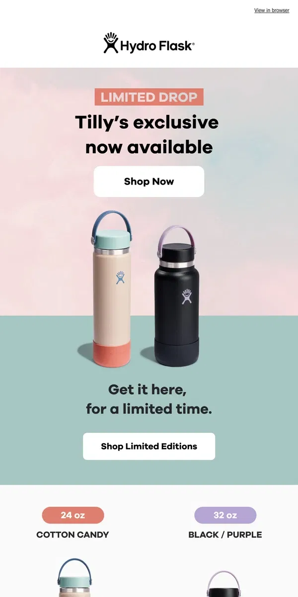 Email from Hydro Flask. NEW: Tilly's x Hydro Flask exclusive bottles