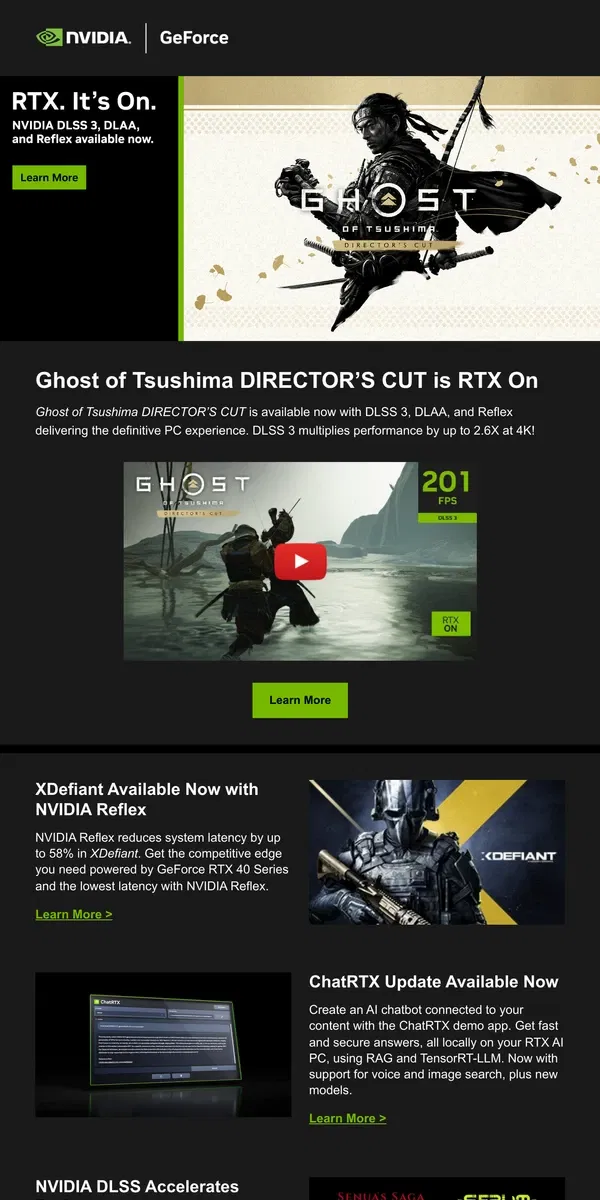 Email from NVIDIA. Ghost of Tsushima DIRECTOR’S CUT is RTX On, XDefiant Available Now with Reflex and ChatRTX Gets an Upgrade.