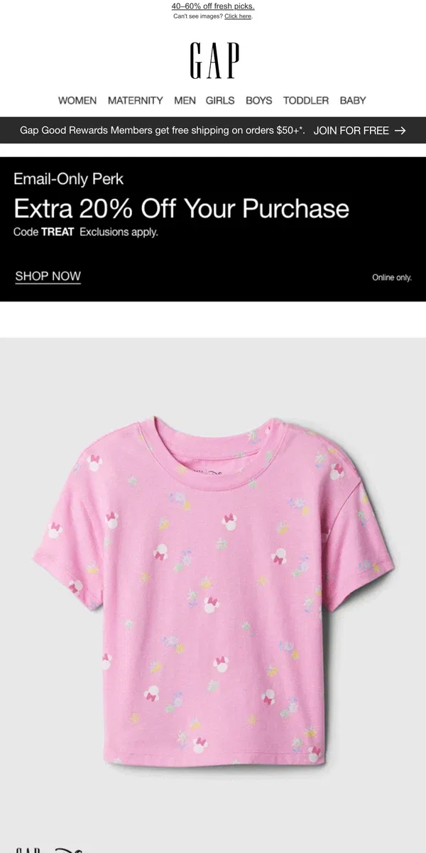 Email from GAP. New Disney DROP + email-exclusive bonus 20% off