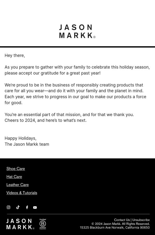 Email from Jason Markk. Happy holidays from the Jason Markk team