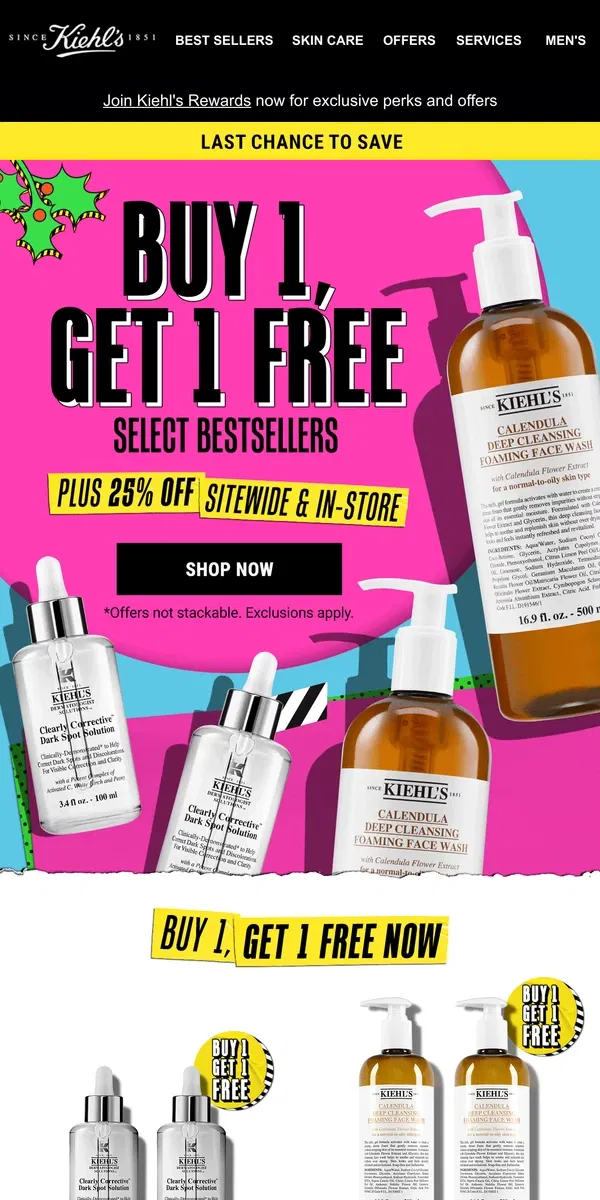 Email from Kiehl's. Ends Soon! Buy 1 Get 1 FREE Clearly Corrective Dark Spot Serum & more