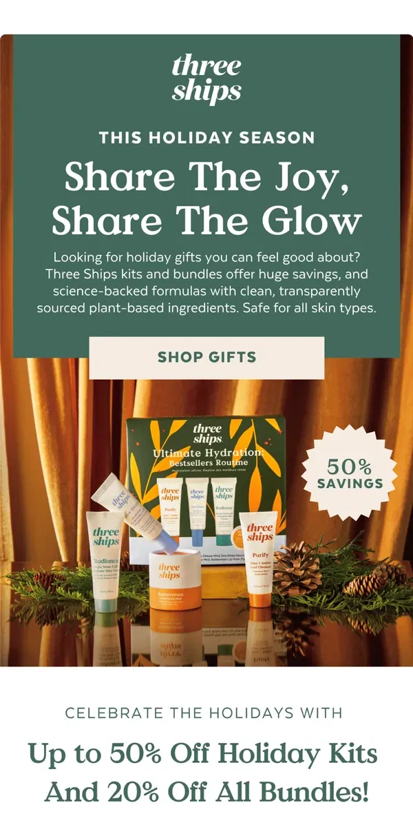 Email from Three Ships Beauty. New Gift Guide - 50% Savings