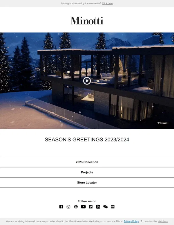 Email from MINOTTI. SEASON'S GREETINGS 2023/2024