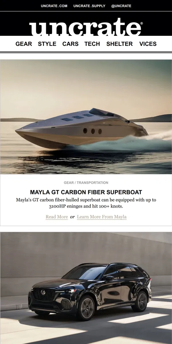 Email from Uncrate. Mayla GT Carbon Fiber Superboat & more