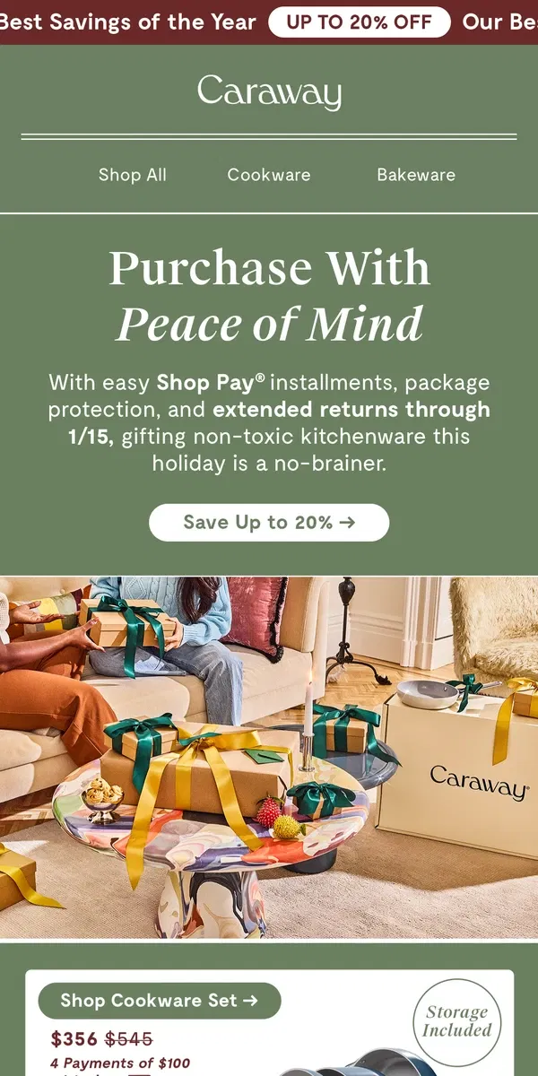 Email from Caraway. Stress-Free Holiday Shopping