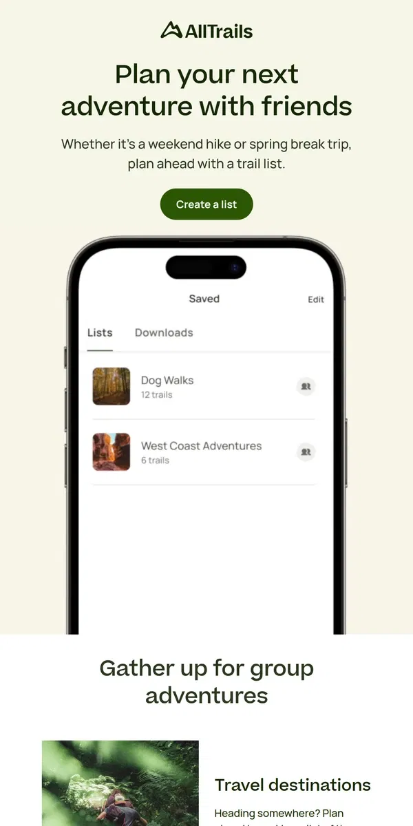 Email from AllTrails. Start saving trails for this year’s adventures