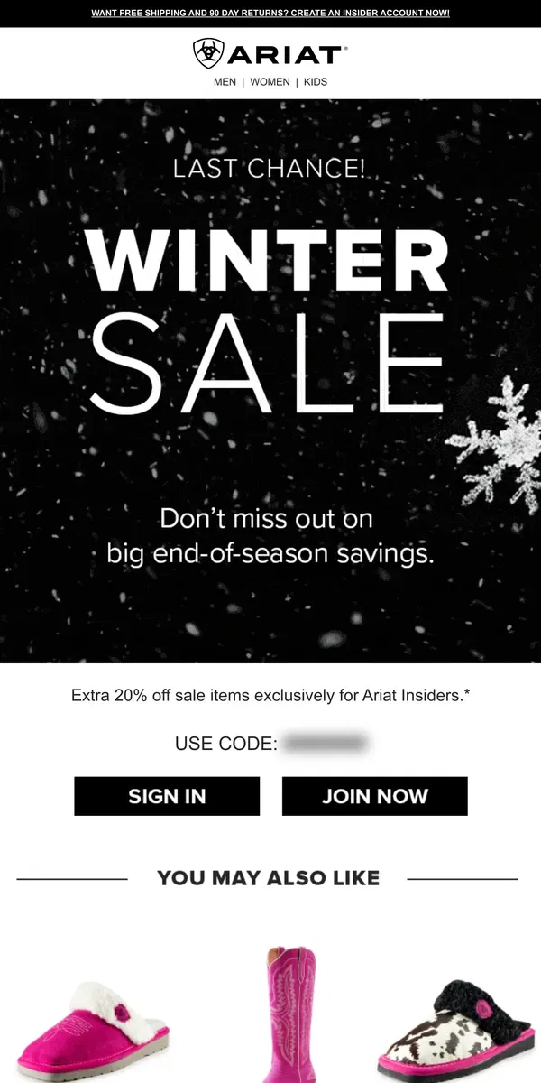 Email from Ariat. Ends Today: Extra 20% Off  Winter Sale