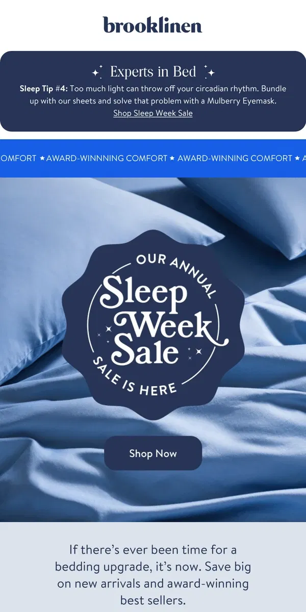 Email from Brooklinen. And the Award Goes to... Sleep Week Sale!