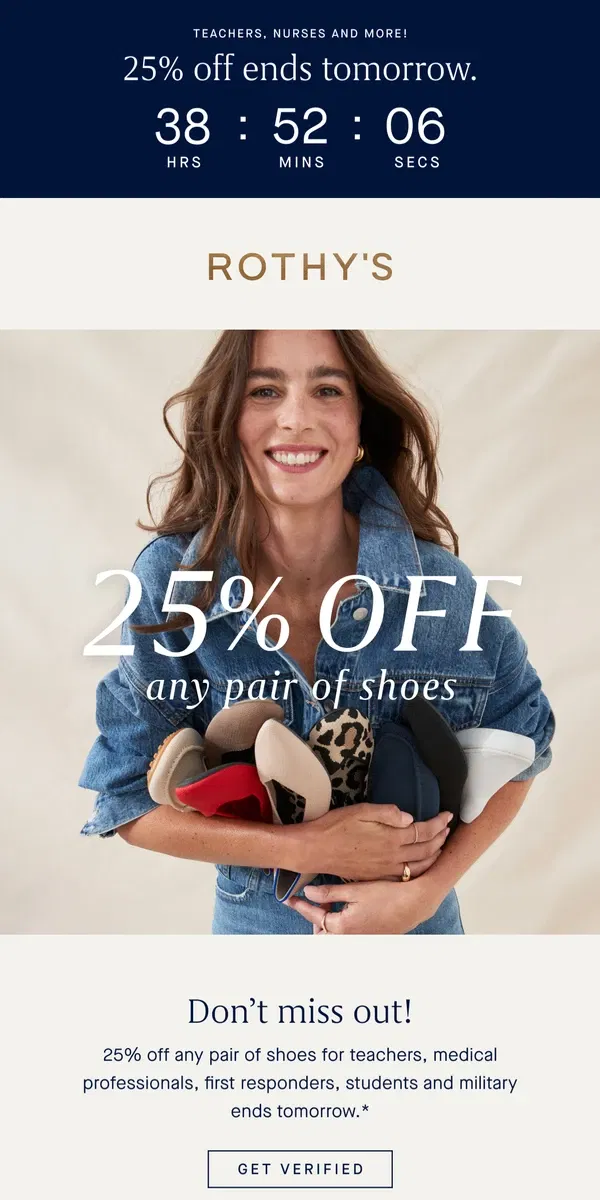 Email from Rothy's. Ends tomorrow! 25% off any pair of shoes.