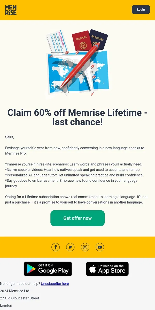 Email from Memrise. Final 6 hours: claim 60% off Memrise Lifetime