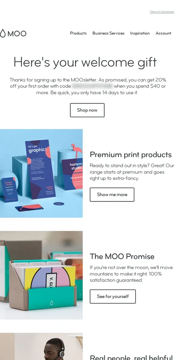 Email from MOO. Here’s 20% off your first order