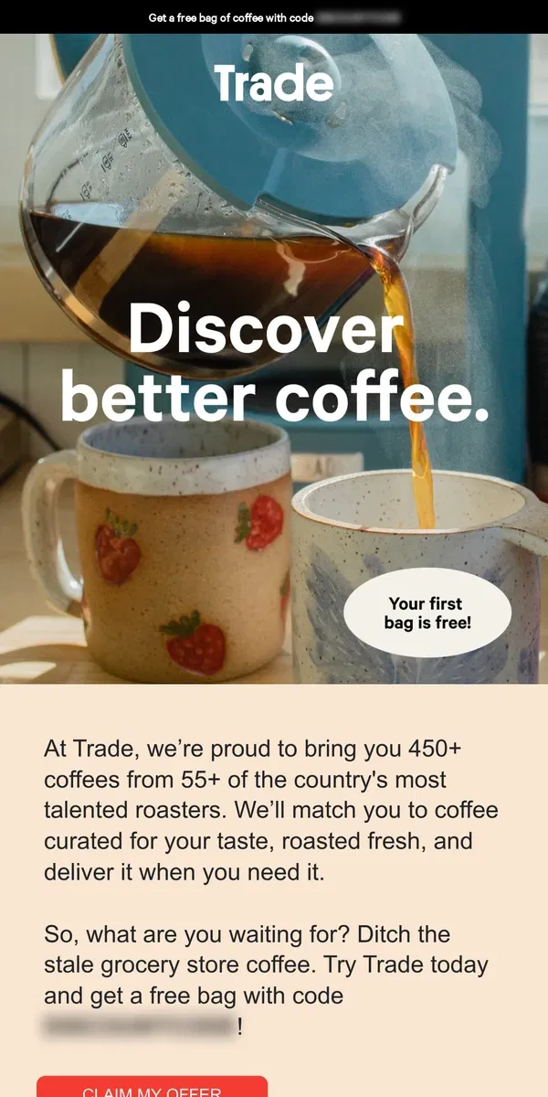 Email from Trade Coffee. Your free bag is waiting.