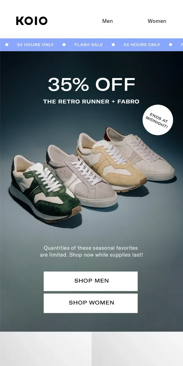 Email from Koio. FLASH SALE: 35% OFF FABRO AND RETRO RUNNER!