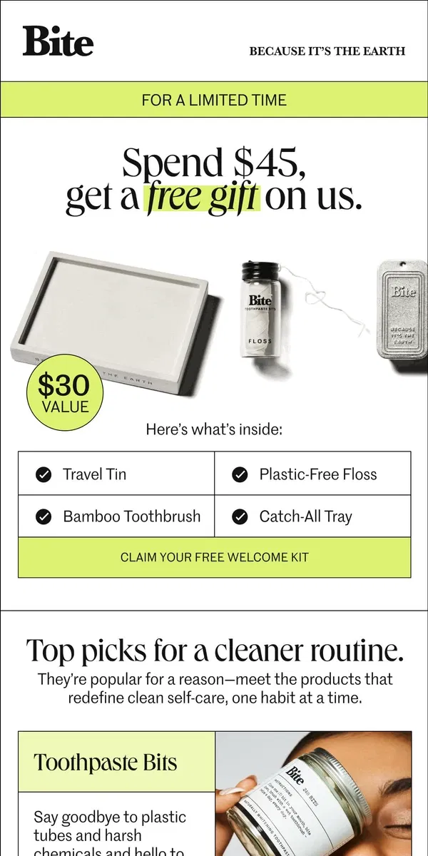 Email from Bite Toothpaste Bits. Re: Your free kit.